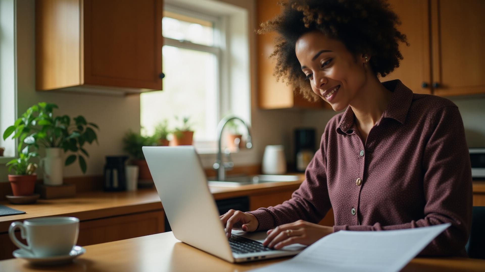 Person reviewing disability claim paperwork at home with hopeful focus