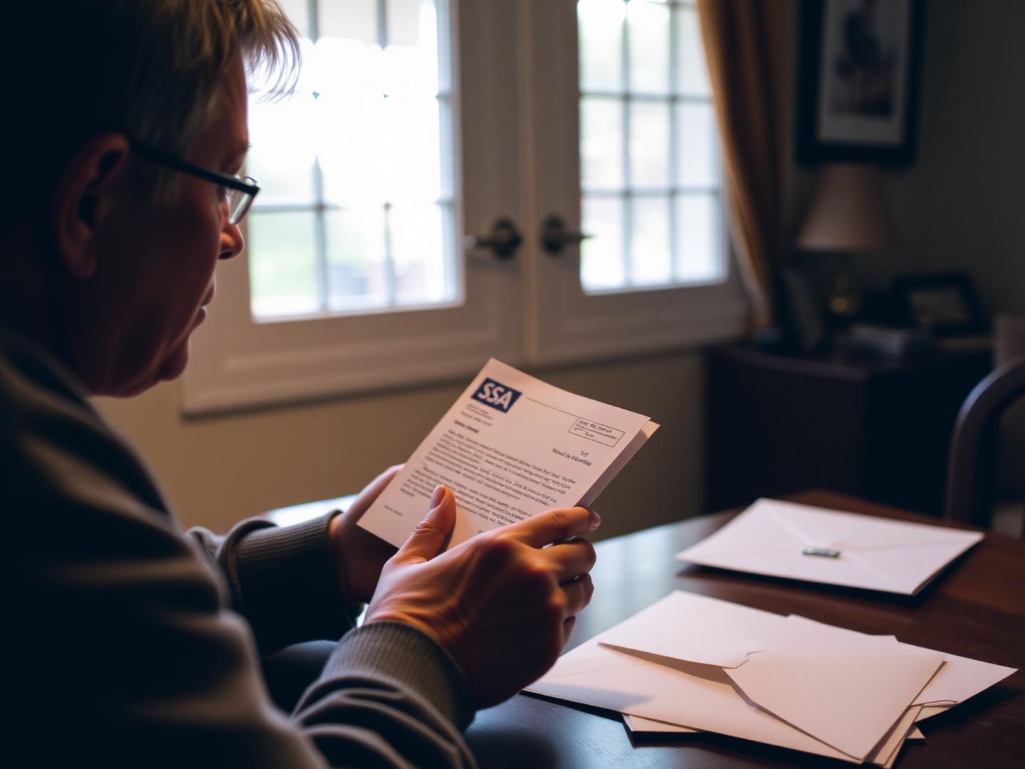 Person thoughtfully reviewing official SSA correspondence at home