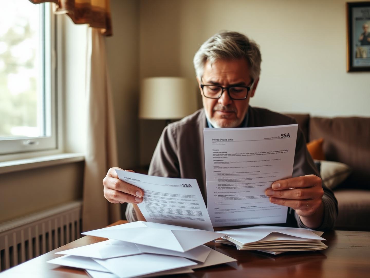 Person carefully reviewing SSA disability information and official mail at home