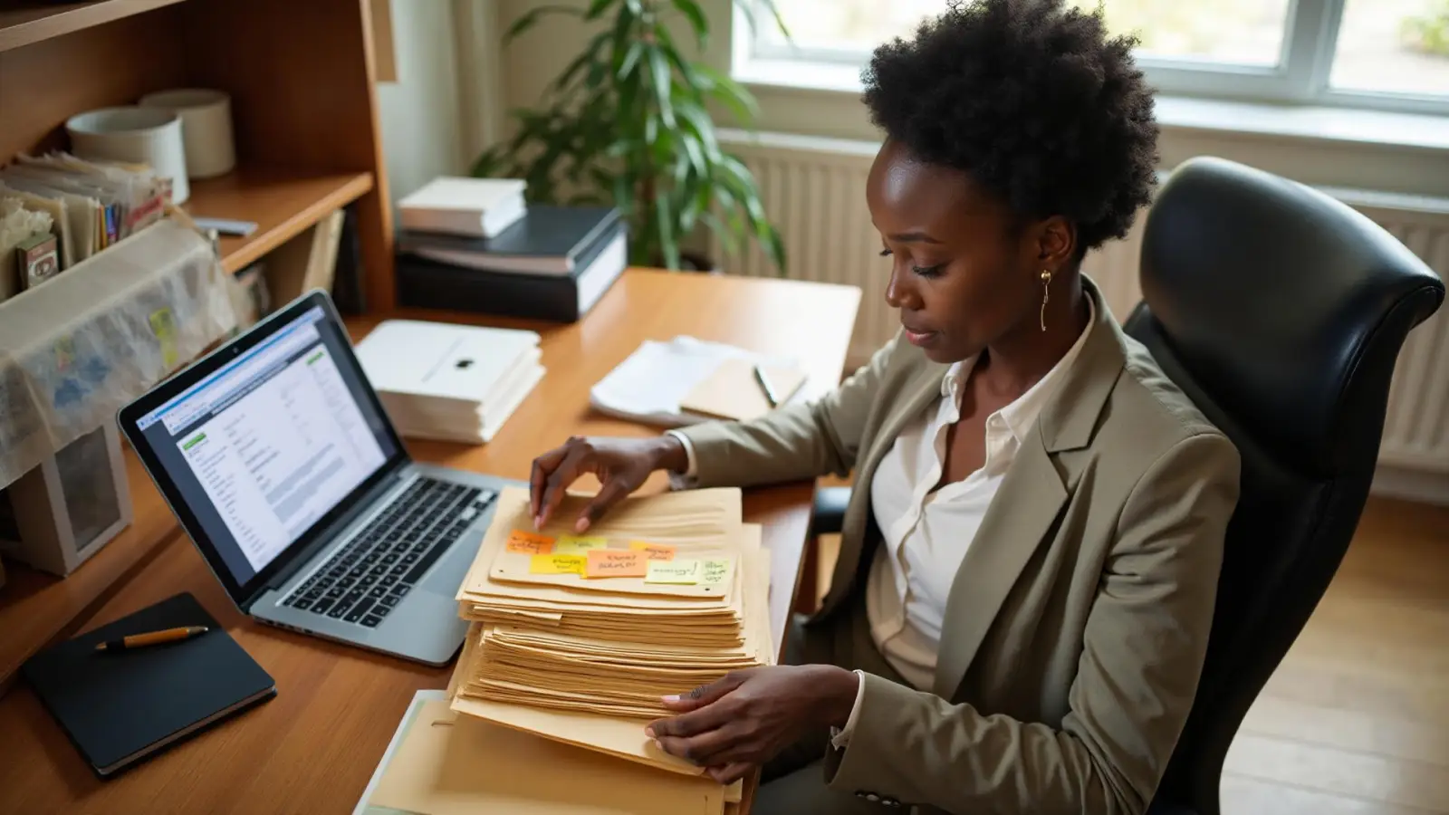 Attorney organizing claimant's medical records with labeled folders and case management software